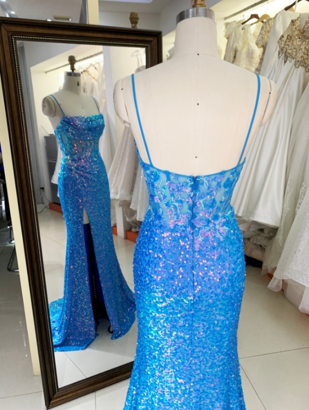 Royal New sequin sleeveless corset high slit hand pleated prom evening women dresses