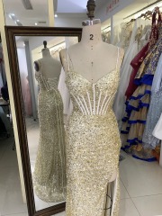Wholesale new gold mermeid corset sequin sleeveless lace up back elegant prom dress party evening dress