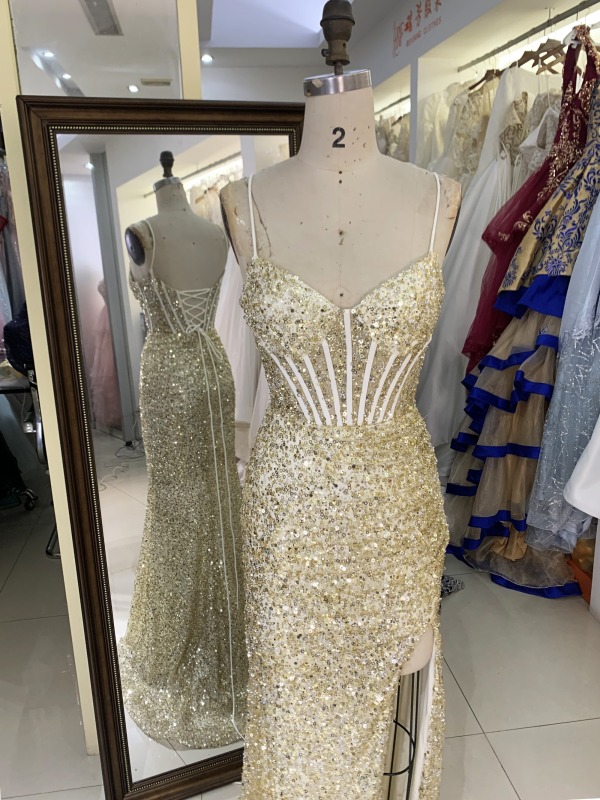 Wholesale new gold mermeid corset sequin sleeveless lace up back elegant prom dress party evening dress
