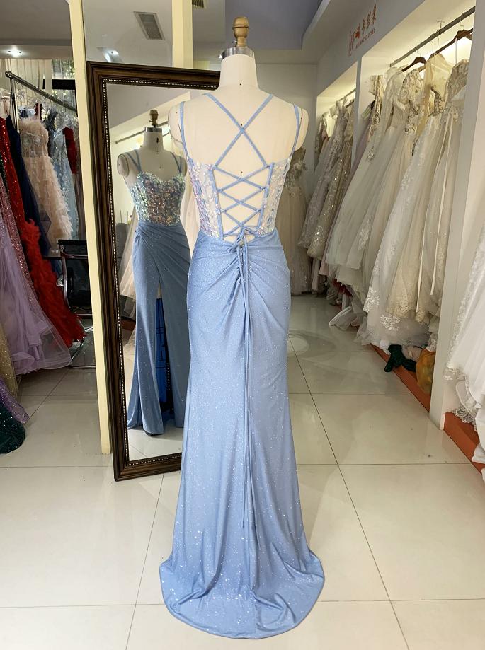 Wholesale 2025 Light Blue New sequin shiny sketch satin sleeveless corset high slit hand pleated prom evening women dresses
