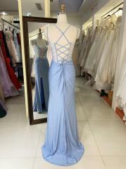 Wholesale 2025 Light Blue New sequin shiny sketch satin sleeveless corset high slit hand pleated prom evening women dresses
