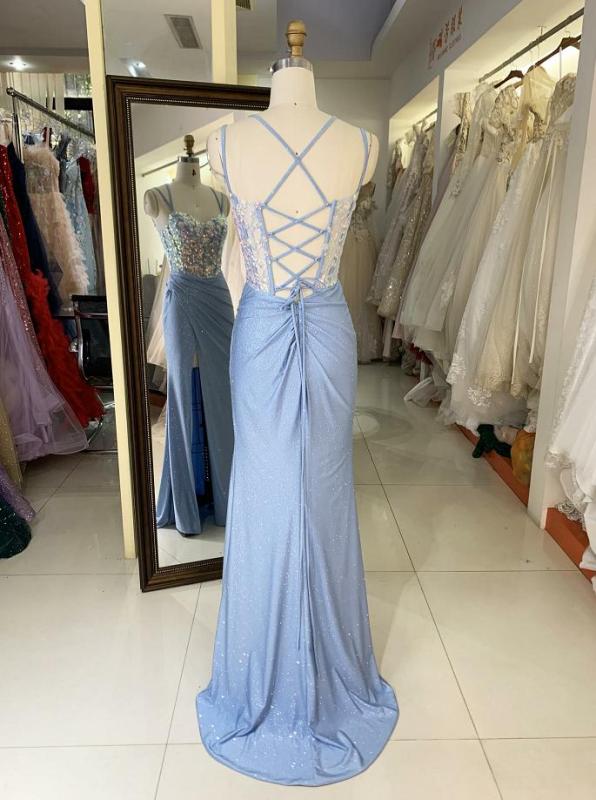 Wholesale 2025 Light Blue New sequin shiny sketch satin sleeveless corset high slit hand pleated prom evening women dresses