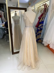 2025 Silver Champagne beading sleeveless A line wholesale prom evening dress 2025
