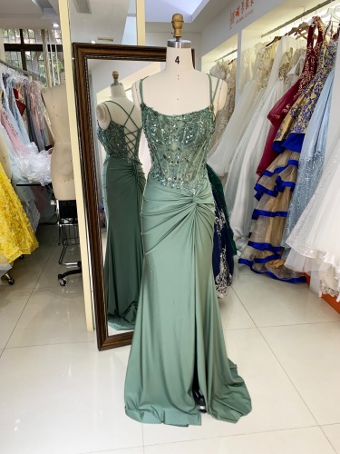 Wholesale Sage green embroidery sequin corset hand pleated knot lace up back mermaid long gown prom evening dress 2025