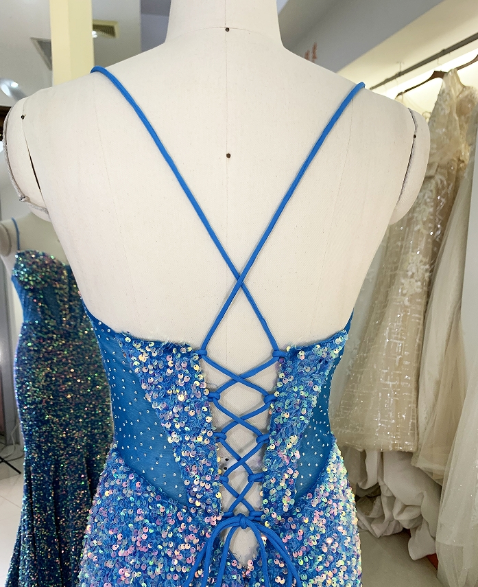 New sequins velvet boning blue elegant wholesale long gowns evening prom dress 2025