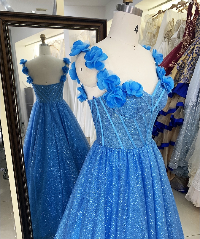 3D Flower off shoulder glitter boning wholesale long gowns evening prom dress 2025
