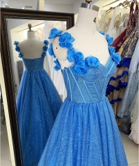 3D Flower off shoulder glitter boning wholesale long gowns evening prom dress 2025