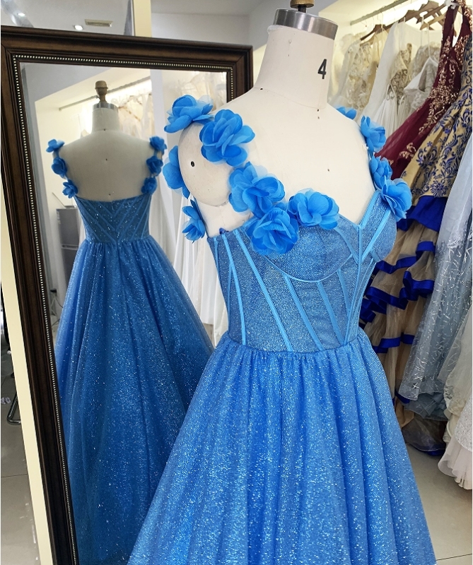 3D Flower off shoulder glitter boning wholesale long gowns evening prom dress 2025