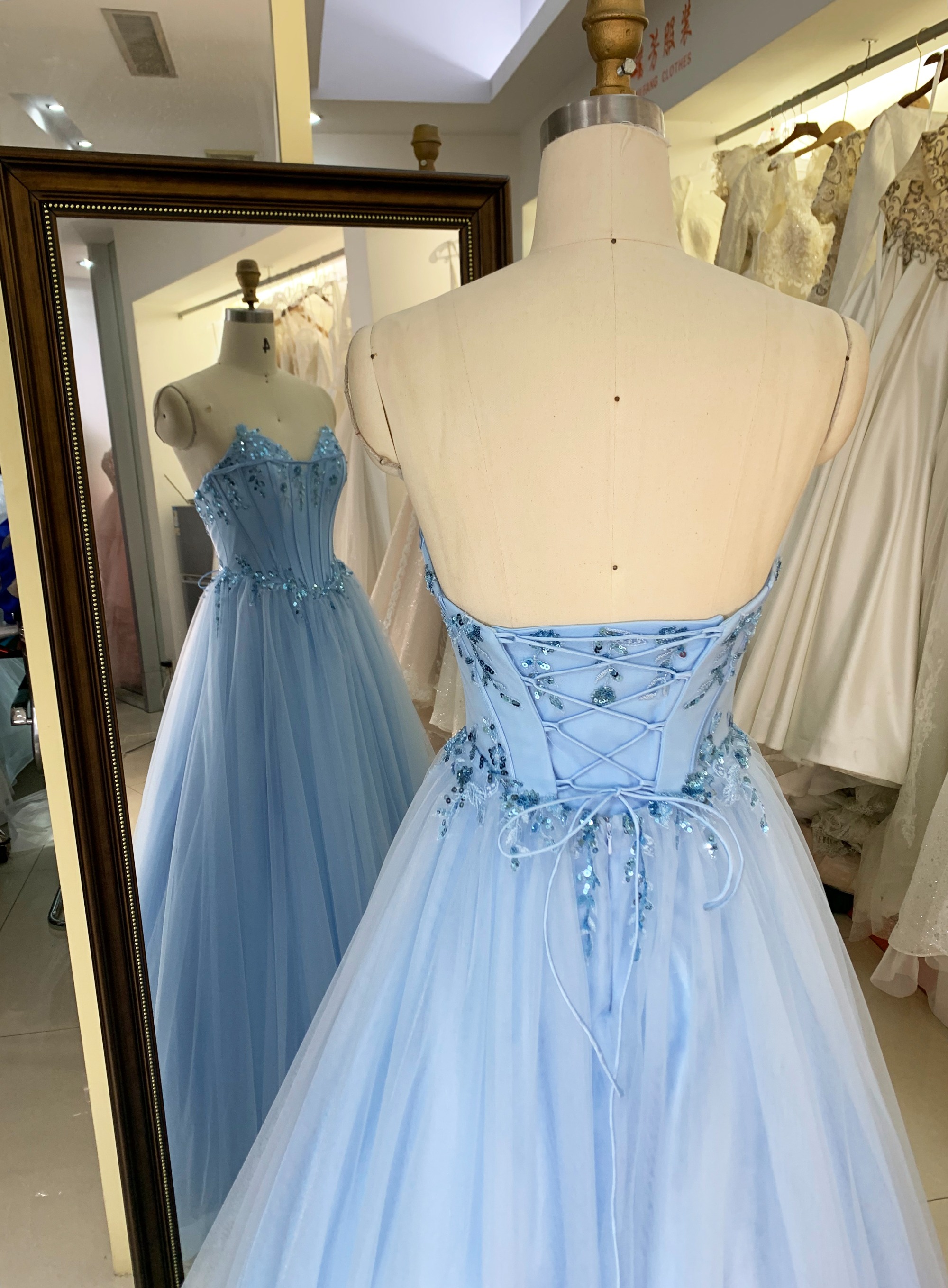 Elegant new sky blue wholesale boning party long gowns evening prom dress 2025