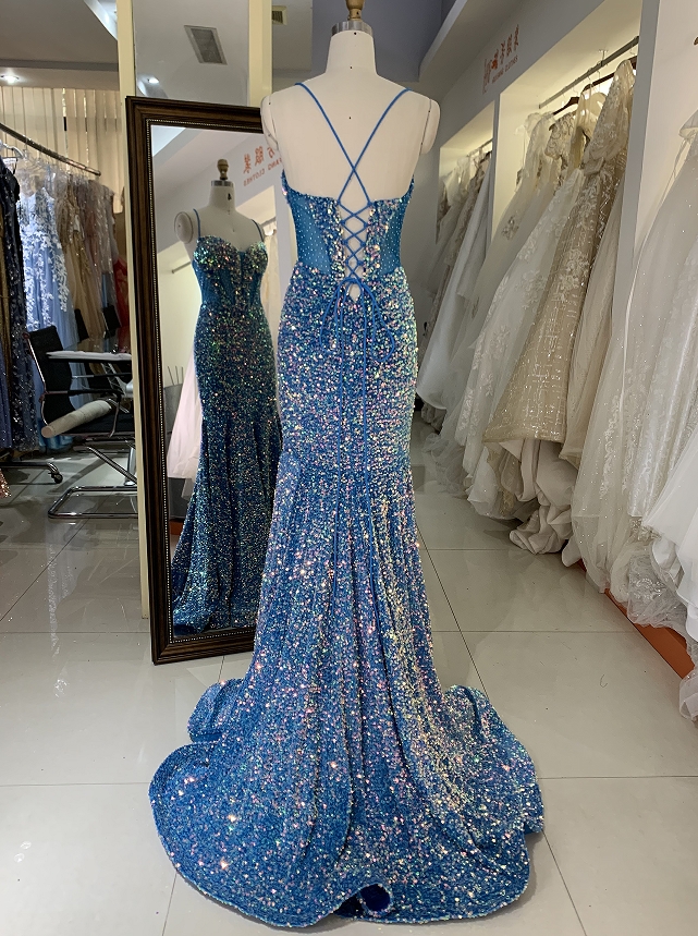 New sequins velvet boning blue elegant wholesale long gowns evening prom dress 2025