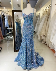 New sequins velvet boning blue elegant wholesale long gowns evening prom dress 2025
