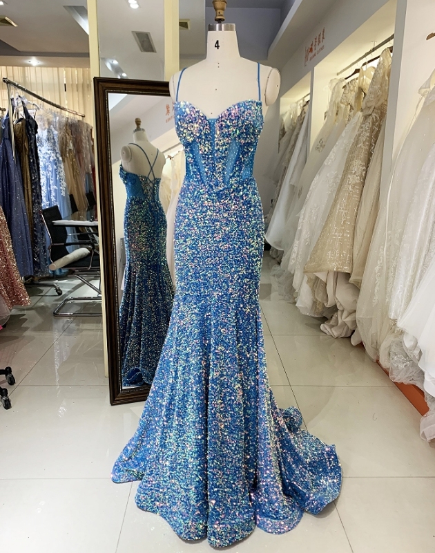 New sequins velvet boning blue elegant wholesale long gowns evening prom dress 2025
