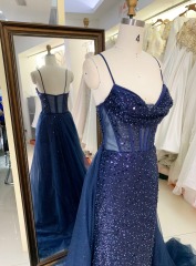 New sequin fabric pleat out skirt wholesale long gowns evening prom dress 2025