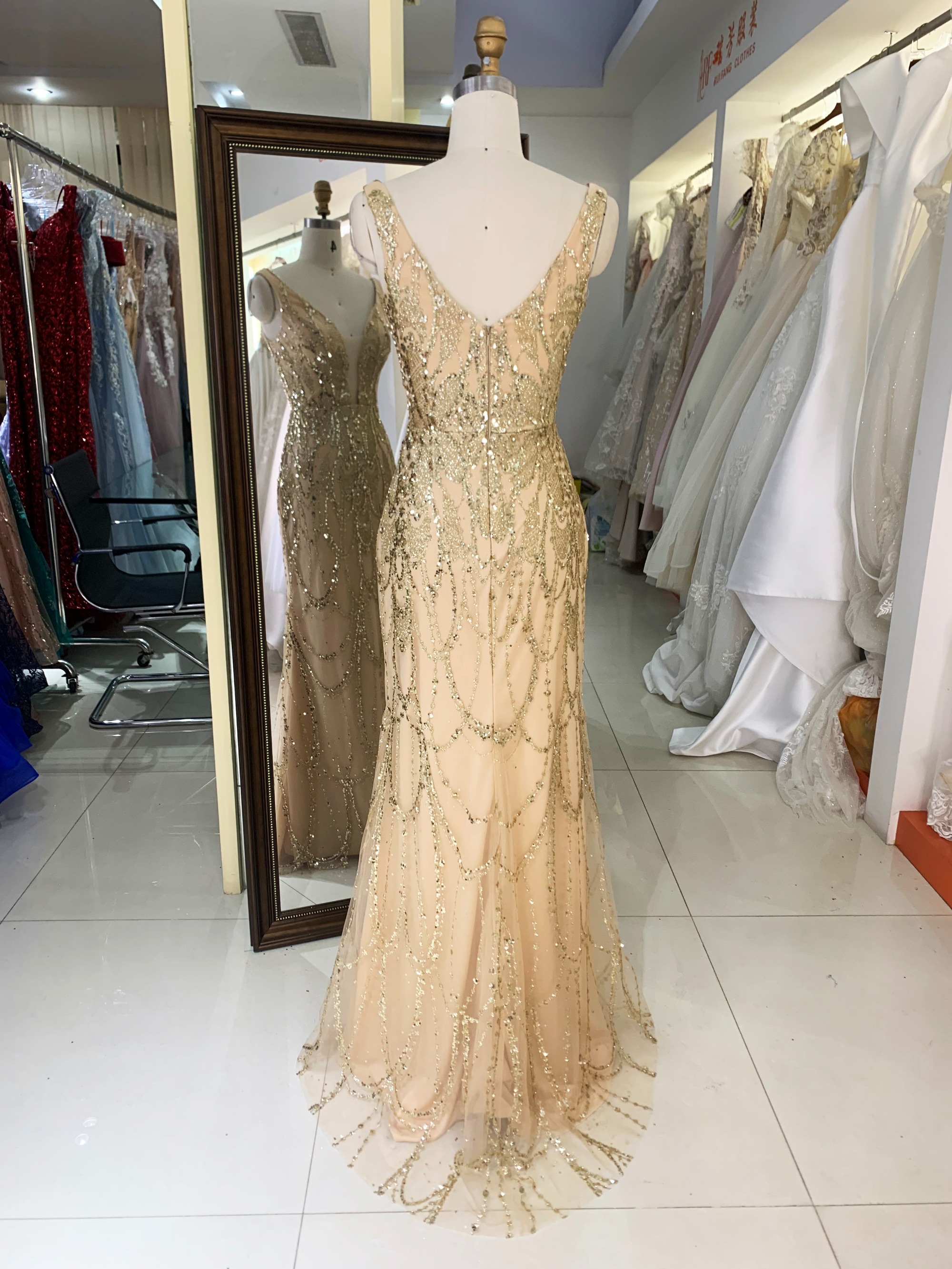 New sequin beading champagne fitted wholesale long gowns evening prom dress 2025