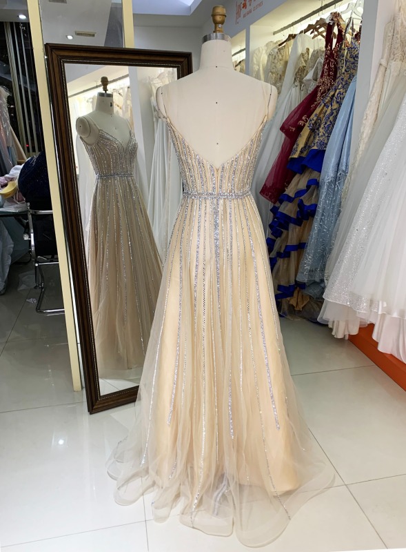 2025 Silver Champagne beading sleeveless A line wholesale prom evening dress 2025
