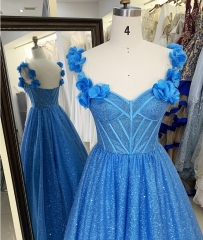 3D Flower off shoulder glitter boning wholesale long gowns evening prom dress 2025