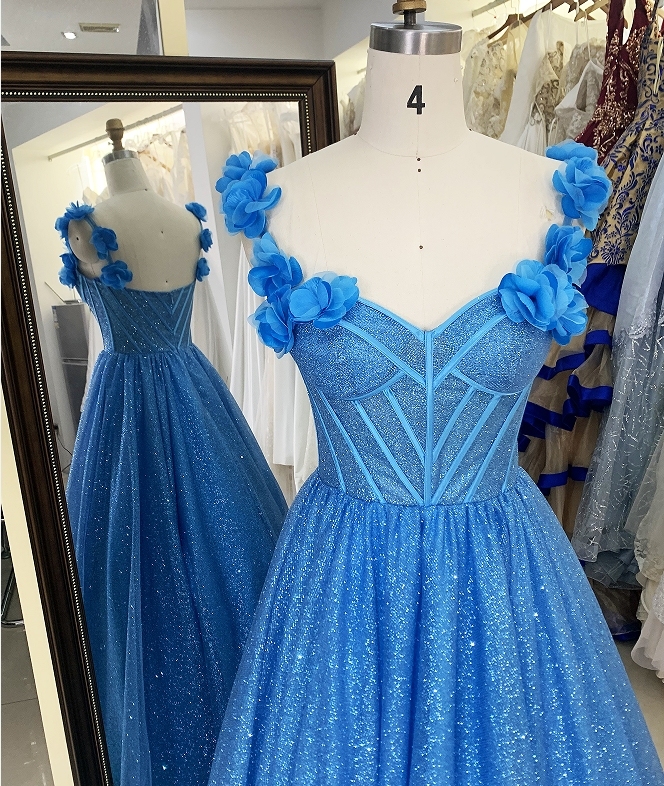 3D Flower off shoulder glitter boning wholesale long gowns evening prom dress 2025
