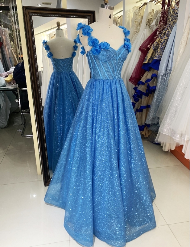 3D Flower off shoulder glitter boning wholesale long gowns evening prom dress 2025