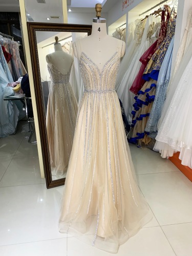 2025 Silver Champagne beading sleeveless A line wholesale prom evening dress 2025