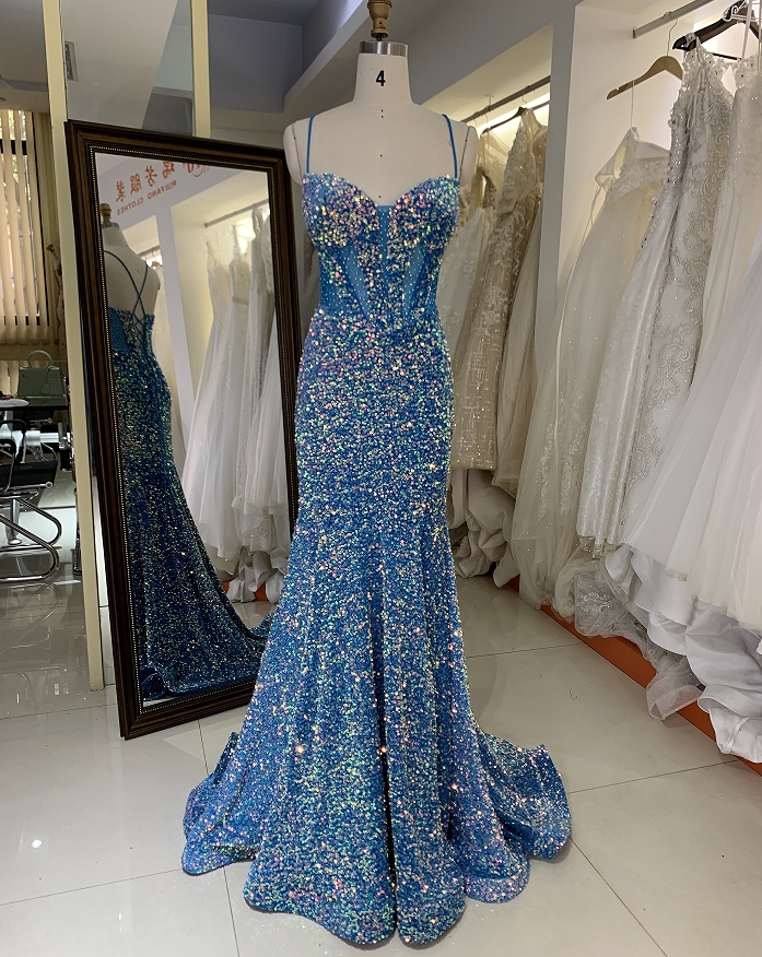 New sequins velvet boning blue elegant wholesale long gowns evening prom dress 2025