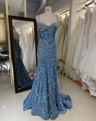 New sequins velvet boning blue elegant wholesale long gowns evening prom dress 2025