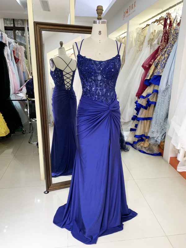 Wholesale Sage green embroidery sequin corset hand pleated knot lace up back mermaid long gown prom evening dress 2025