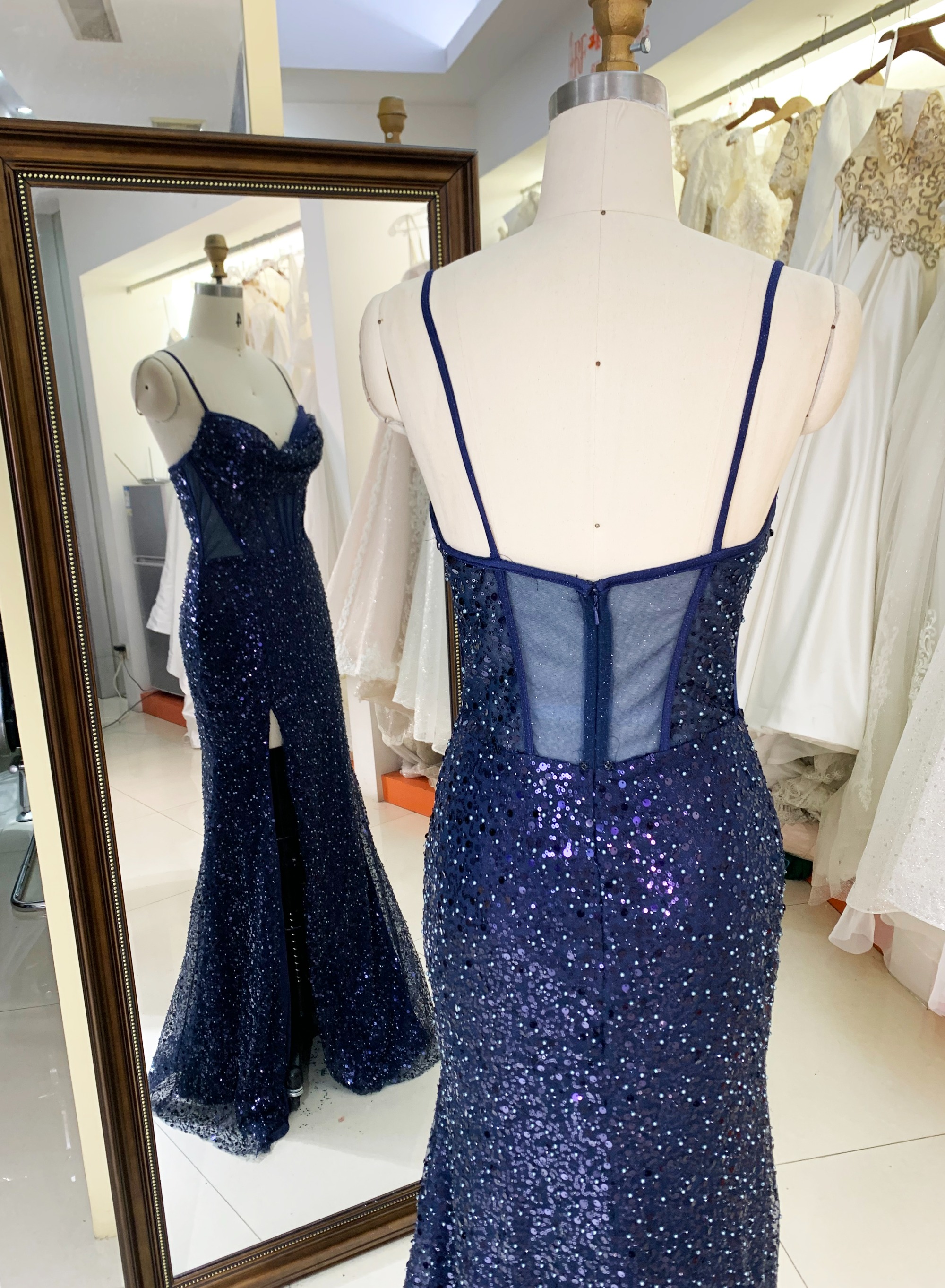 New sequin fabric pleat out skirt wholesale long gowns evening prom dress 2025