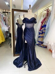 Wholesale navy off shoulder mermaid satin corset rhinestone pleated long gown prom evening dress 2025