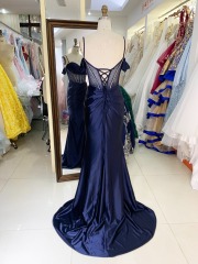 Wholesale navy off shoulder mermaid satin corset rhinestone pleated long gown prom evening dress 2025
