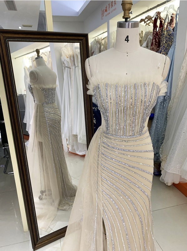 Wholesale silver champagne beading overskirt zipper up back sweetheart long gown evening prom dress 2025