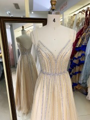 2025 Silver Champagne beading sleeveless A line wholesale prom evening dress 2025