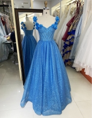 3D Flower off shoulder glitter boning wholesale long gowns evening prom dress 2025