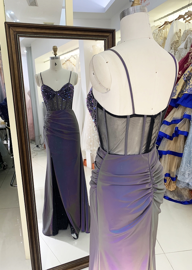 Wholesale purple new glitter corset long hand pleated sleeveless side slit mermaid prom dress 2025