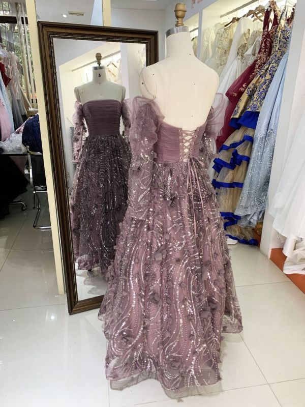 Wholesale mauve long puff sleeve tulle pleated beading A line zipper up back long gown evening prom dress 2025