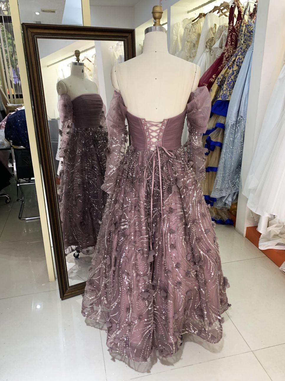 Wholesale mauve long puff sleeve tulle pleated beading A line zipper up back long gown evening prom dress 2025