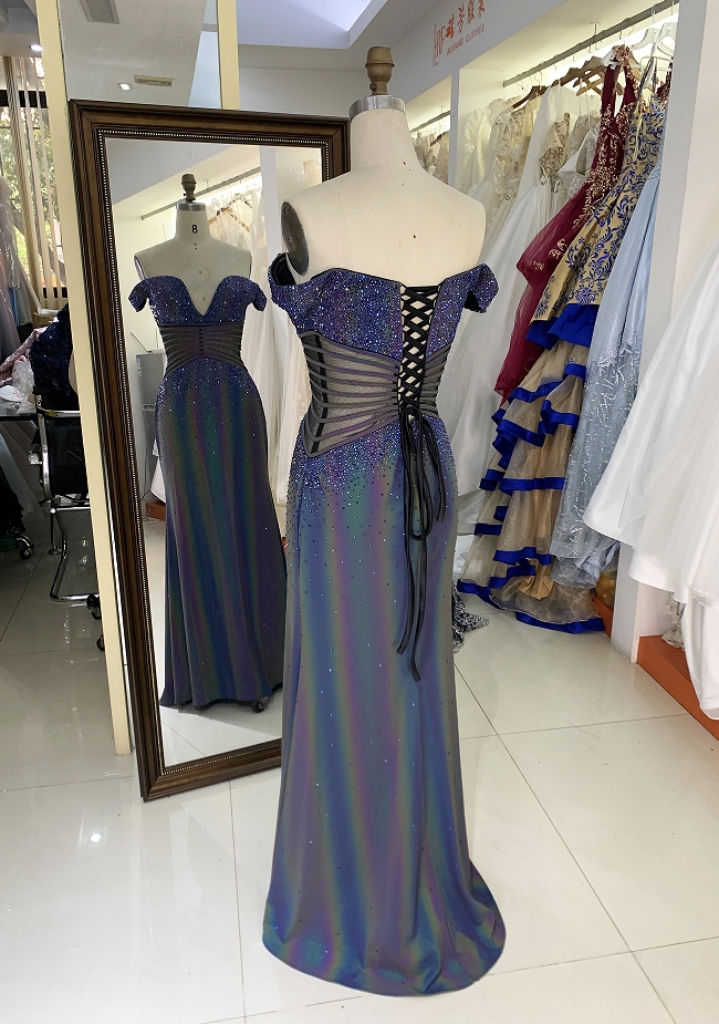 Purple off shoulder rhinestone mermaid corset elegant prom dresses luxurious 2025