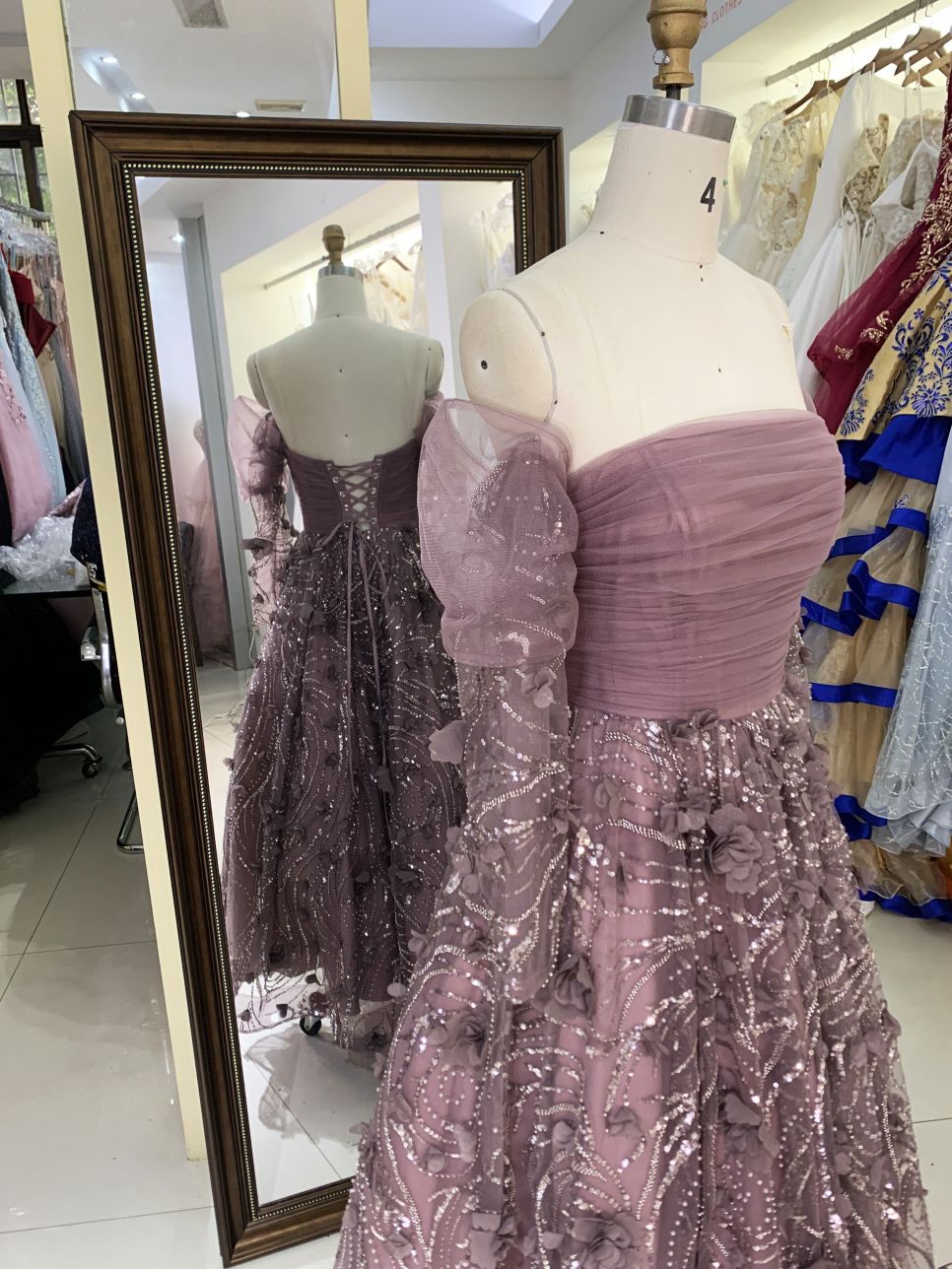 Wholesale mauve long puff sleeve tulle pleated beading A line zipper up back long gown evening prom dress 2025
