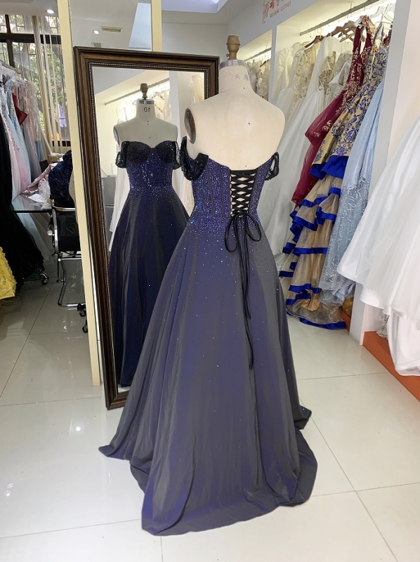 Wholesale new navy rhinestone off shoulder A line sleeveless lace up back elegant prom ball gown dress