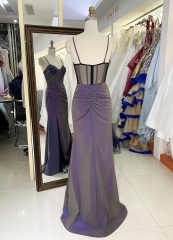 Wholesale purple new glitter corset long hand pleated sleeveless side slit mermaid prom dress 2025
