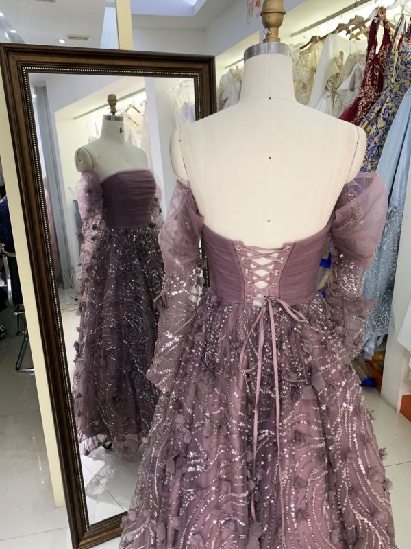 Wholesale mauve long puff sleeve tulle pleated beading A line zipper up back long gown evening prom dress 2025
