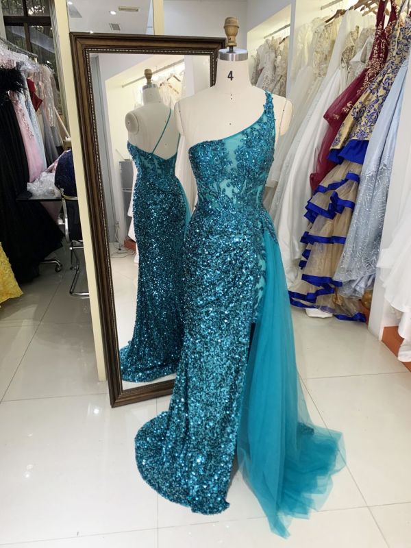 New green one shoulder wholesale outfit long gowns evening dresses for prom night