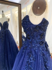 2025 new navy shiny tulle A line sleeveless lace up back elegant prom dress ball gown