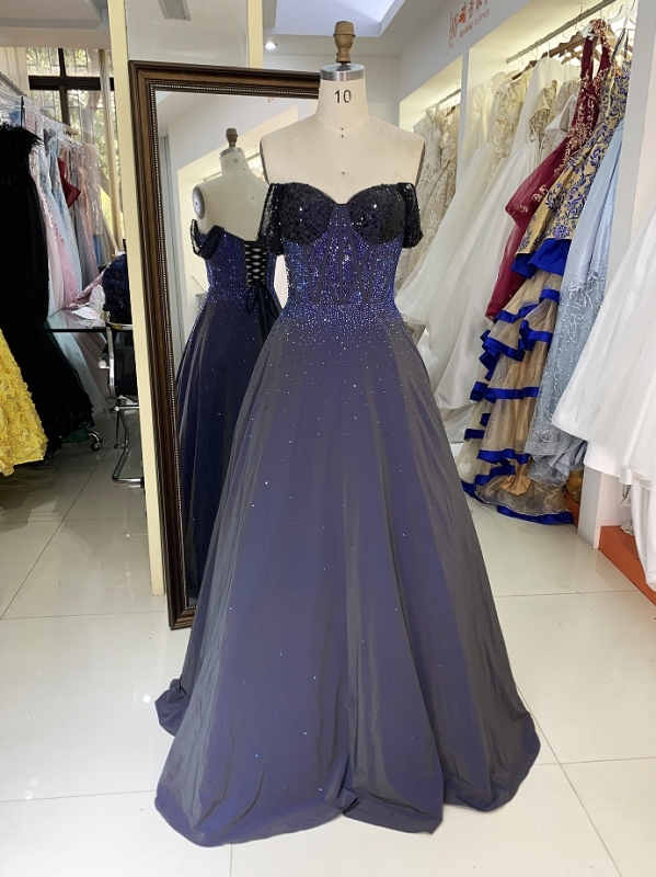 Wholesale new navy rhinestone off shoulder A line sleeveless lace up back elegant prom ball gown dress