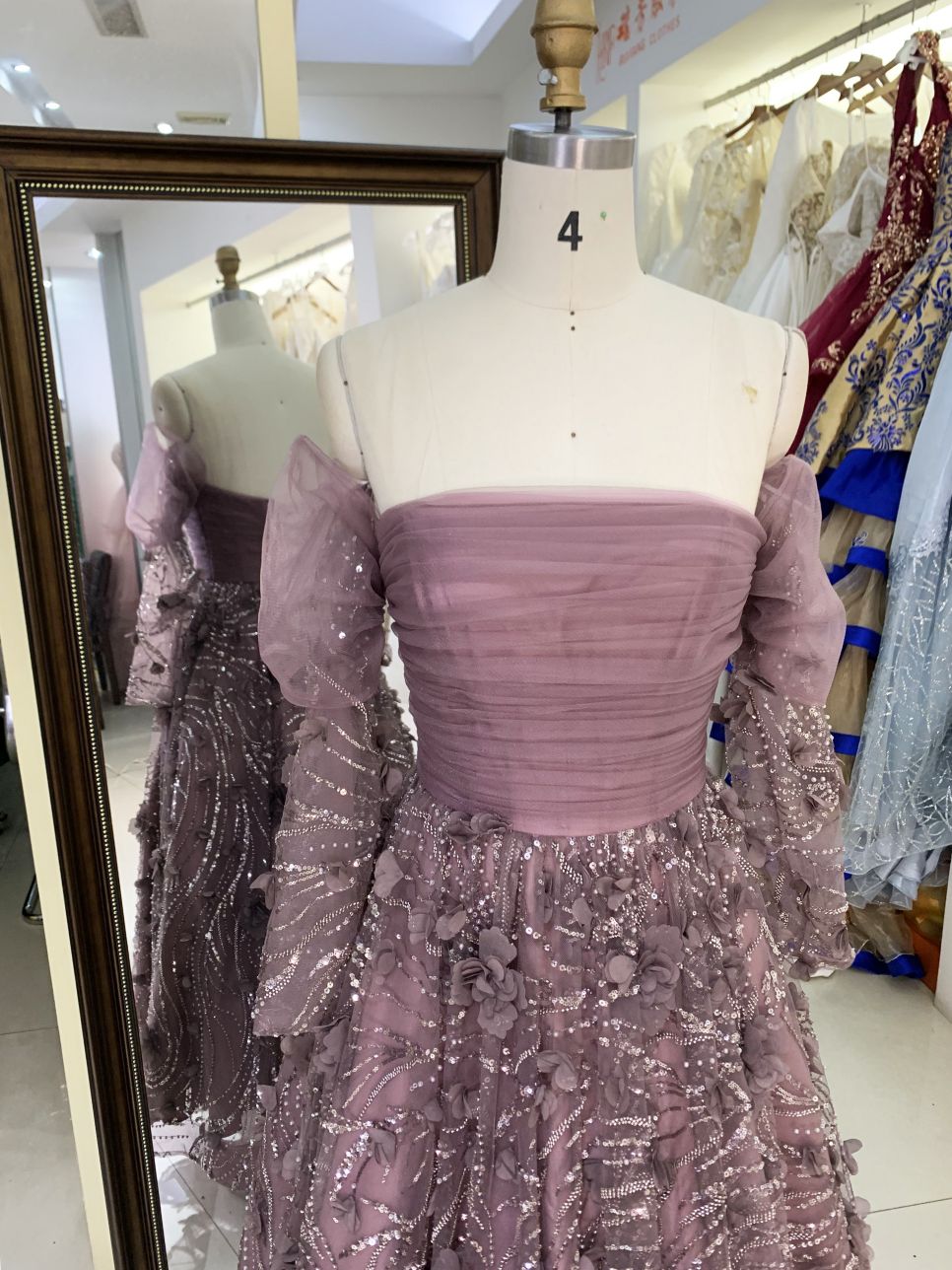 Wholesale mauve long puff sleeve tulle pleated beading A line zipper up back long gown evening prom dress 2025