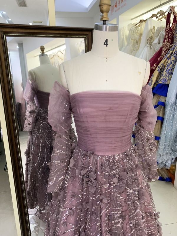 Wholesale mauve long puff sleeve tulle pleated beading A line zipper up back long gown evening prom dress 2025
