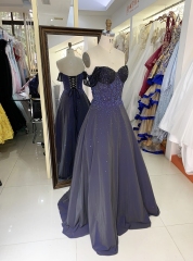 Wholesale new navy rhinestone off shoulder A line sleeveless lace up back elegant prom ball gown dress