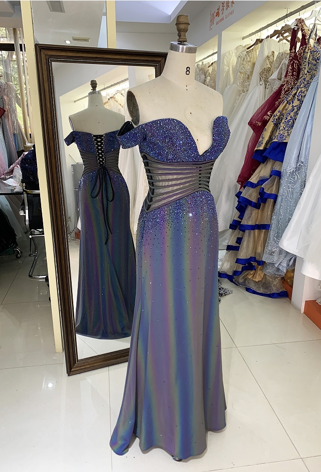 Purple off shoulder rhinestone mermaid corset elegant prom dresses luxurious 2025