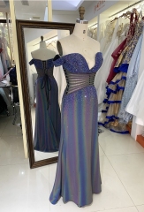Purple off shoulder rhinestone mermaid corset elegant prom dresses luxurious 2025