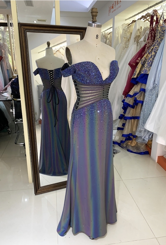 Purple off shoulder rhinestone mermaid corset elegant prom dresses luxurious 2025