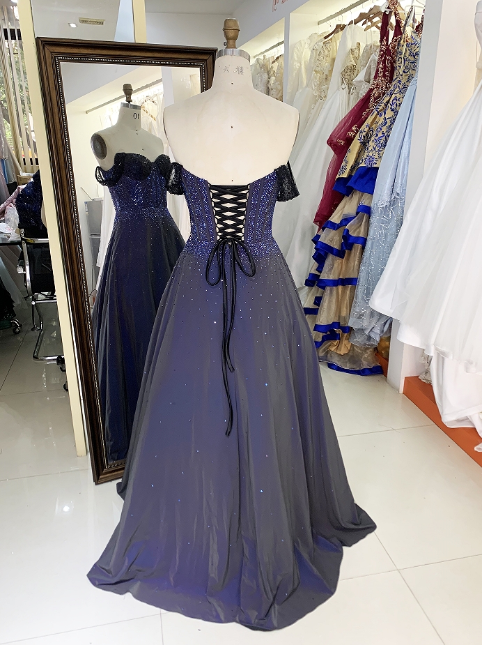 Wholesale new navy rhinestone off shoulder A line sleeveless lace up back elegant prom ball gown dress
